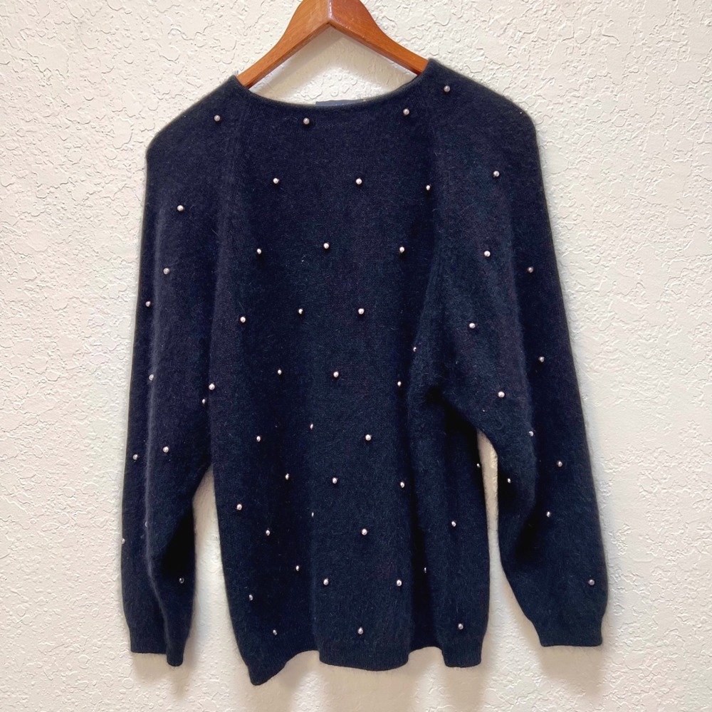 VTG Nordstrom Black Angora Wool Pearl Embellished Sweater Made in Italy Crewneck